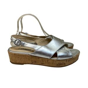 LK Bennett Silver Metallic Leather Platform Sandals 41 10 Criss Cross